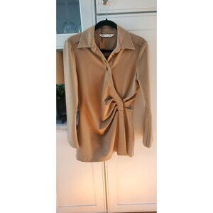 Zara Beige Camel Tan  Asymmetric Pleated Longline Top Shirt Collar Medium